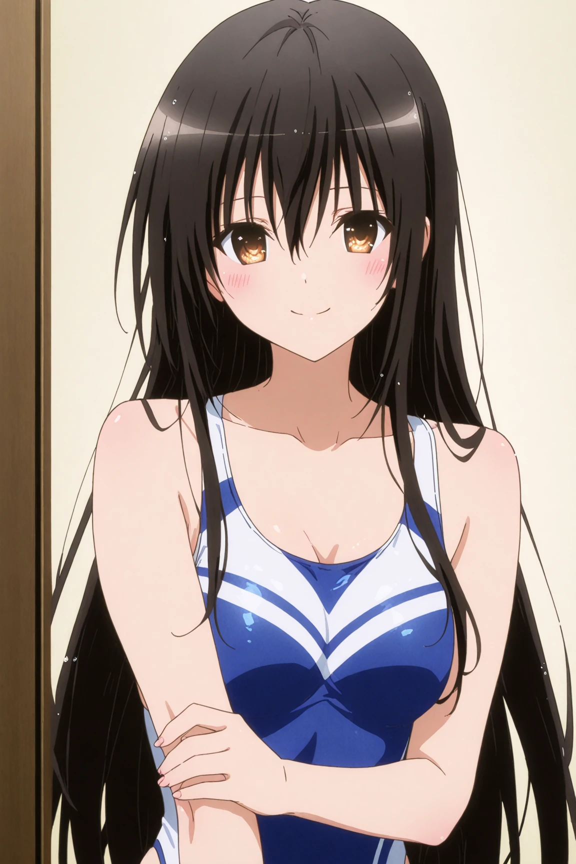 (masutepiece, Best Quality, High resolution, anime colours, megami magazine:1.2, anime poster style, anime keyvisual, sharp, 8k, photorealistic), from side, (beautiful eyes:1.5, beautiful face), Kotegawa Yui, 1girl, solo, Cute, blush, (Long Black Hair), (sagging huge breasts, sideboob, underboob), (white bikini), cleavage, (arm behind back, upper body, standing), (Perfect detailed Anatomy, beautiful detailed hair, perfect detailed body:1.2, shiny skin), (thick outline, Beautiful outlines, black outlines), simple background,