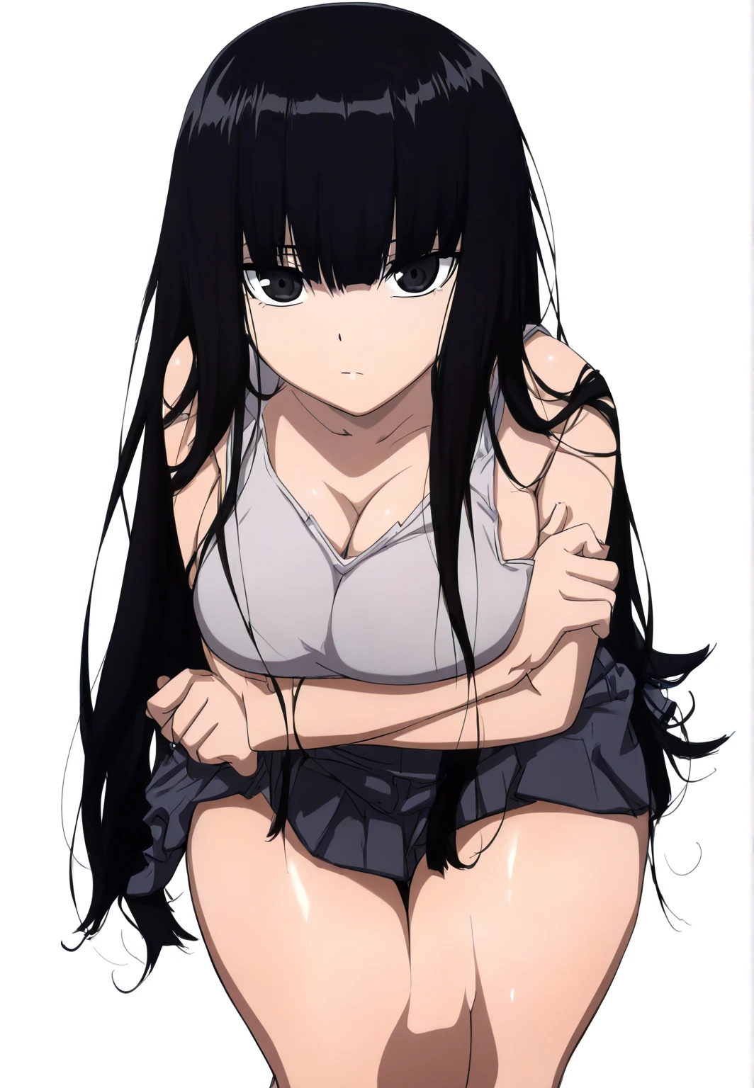 (((masterpiece, Highest quality:1.5,absurdres))),nsfw,POV,having sex:1.3,Normal position、25 year old beauty,solo,((very small head:1.3)),long hair,bangs,(dark blue hair),dark blue eyes,gorgeous eyes,tears,open mouth,drooling,medium breasts,((very long body:1.3)),((toned body,slender body)),skinny,((tan skin:1.5)),gleaming skin,shiny skin,sweat,(White tank top、Yellow pleated mini skirt、Flip-up skirt、Love juice),barefoot,vaginal penis,arms up,lying,on back,spread legs,on street,Back Alley、New York City、