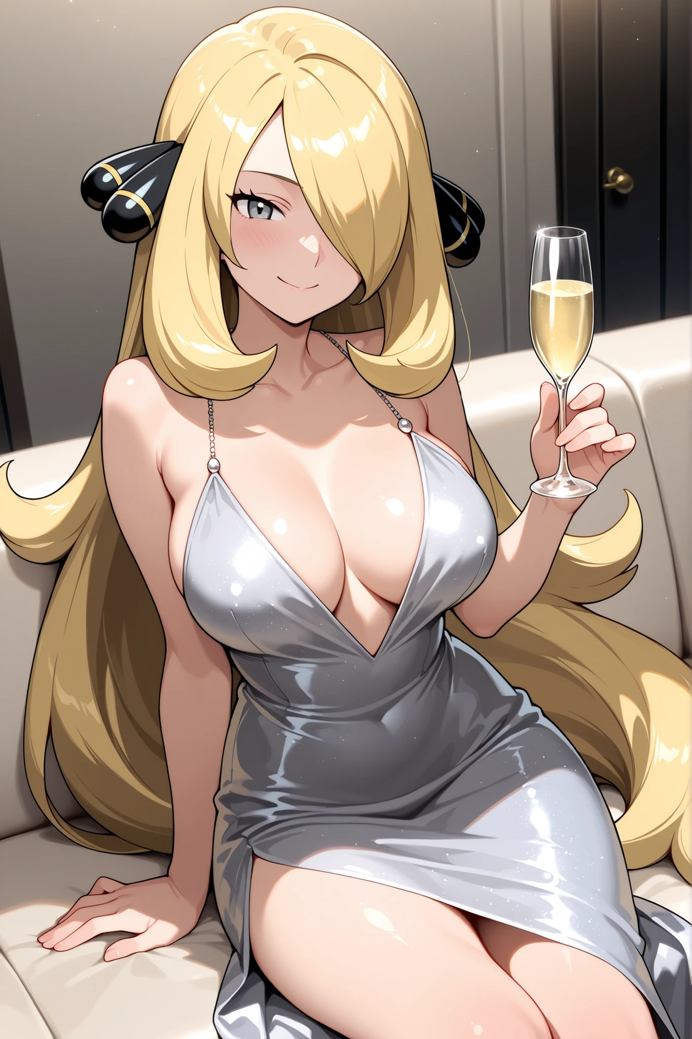high resolution image, masterpiece, the best quality, amazing quality, official art, Alone , 1 girl, Cynthia from Pokemon , 1 girl, Cynthia \( Pokemon \), blond hair, hair over one eye, very long hair, gray eyes, tabs, hair ornament, grey eyes, large breasts, curvilinear, small , BREAK Alone, breasts, thighs, collarbone, blushed face, sitting on a sofa, sexy, blushed face, sexy smile, evening dress, with a glass of champagne in hand, party dress