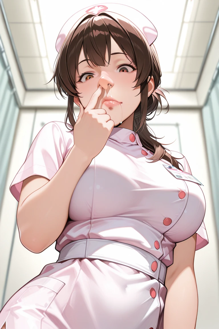 ((Best quality, 8K, Masterpiece: 1.3, 1girl, Beautiful girl)), cute, Dynamism, Detailed face, Detailed skin, Nude, Detailed eyes, Detailed lips, Detailed tongue, Detailed fingers, Detailed mouth, Photorealistic, Raw photo, highres, Natural lighting, dynamic pose, perfect anatomy, toned legs, double eyelids, tear bags, round eyes, moist lips, sweaty, nurse cap, nurse costumes, hospital, Medical Clinic, Medical gloves, rainbow hair, blush, ecstatic face, steam, looking at viewer, brown hair, detailed breast, masturbating pose, squirting, licked dildo