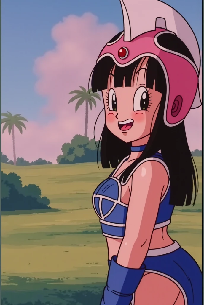 source_anime, score_9, score_8_up, score_7_up, anime screencap,8k, absurdres,
chi-chi, aged down, blue outfit, female , 1girl, long hair, looking at viewer, smile, bangs, black hair, collarbone, upper body, outdoors, sky, pink headwear, blunt bangs, black eyes, helmet, shoulder armor, close-up, pauldrons, blue choker, lingerie, mesh stockings, transparent tights, medium ass, medium breasts, tits, ass