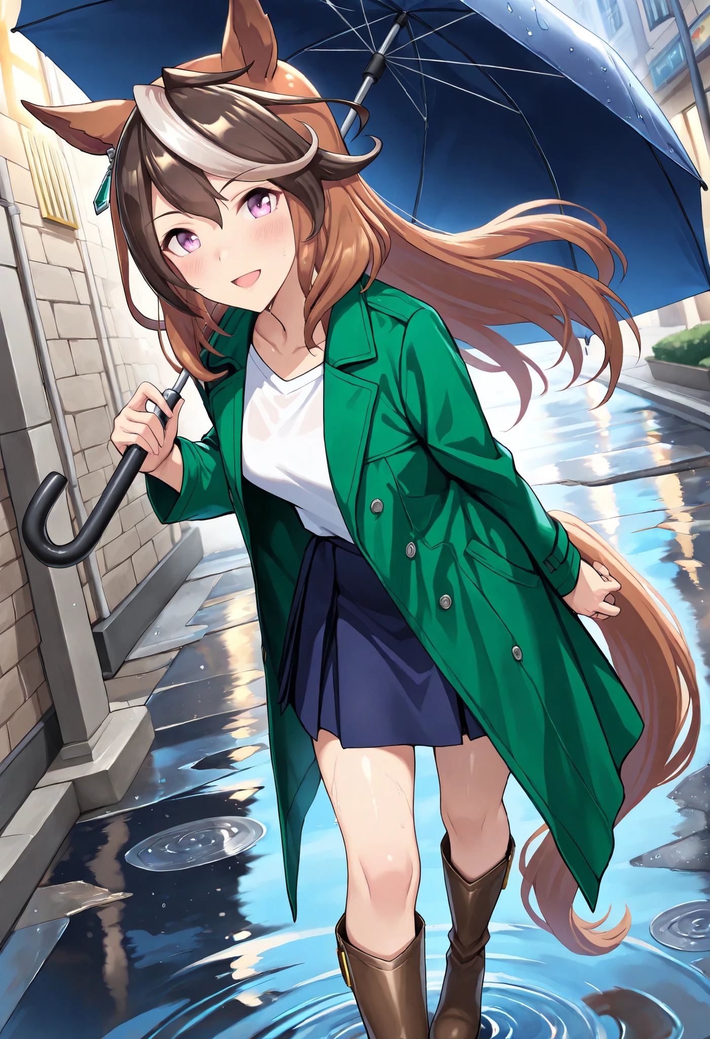 (masterpiece, best quality, perfect face:1.4), wide angle, symboli rudolf \(umamusume\), 1girl, floating hair, brown hair, long hair, multicolored hair, horse ears, ear ornament, horse tail, tail on the lower back, proportional body, proportional, beautiful hair, beautiful face, beautiful detailed eyes, beautiful clavicle, beautiful body, beautiful chest, beautiful thigh, beautiful legs, beautiful fingers, looking at viewer, BREAK, wear a white shirt, green long rain coat, skirt, long boots, street corner, Rainy night, Chic cityscape, Stone Building, wet road, puddle, hold an umbrella, BREAK, blush happy smile (open mouth), textured skin, realistic skin, HDR, BREAK, good hands,