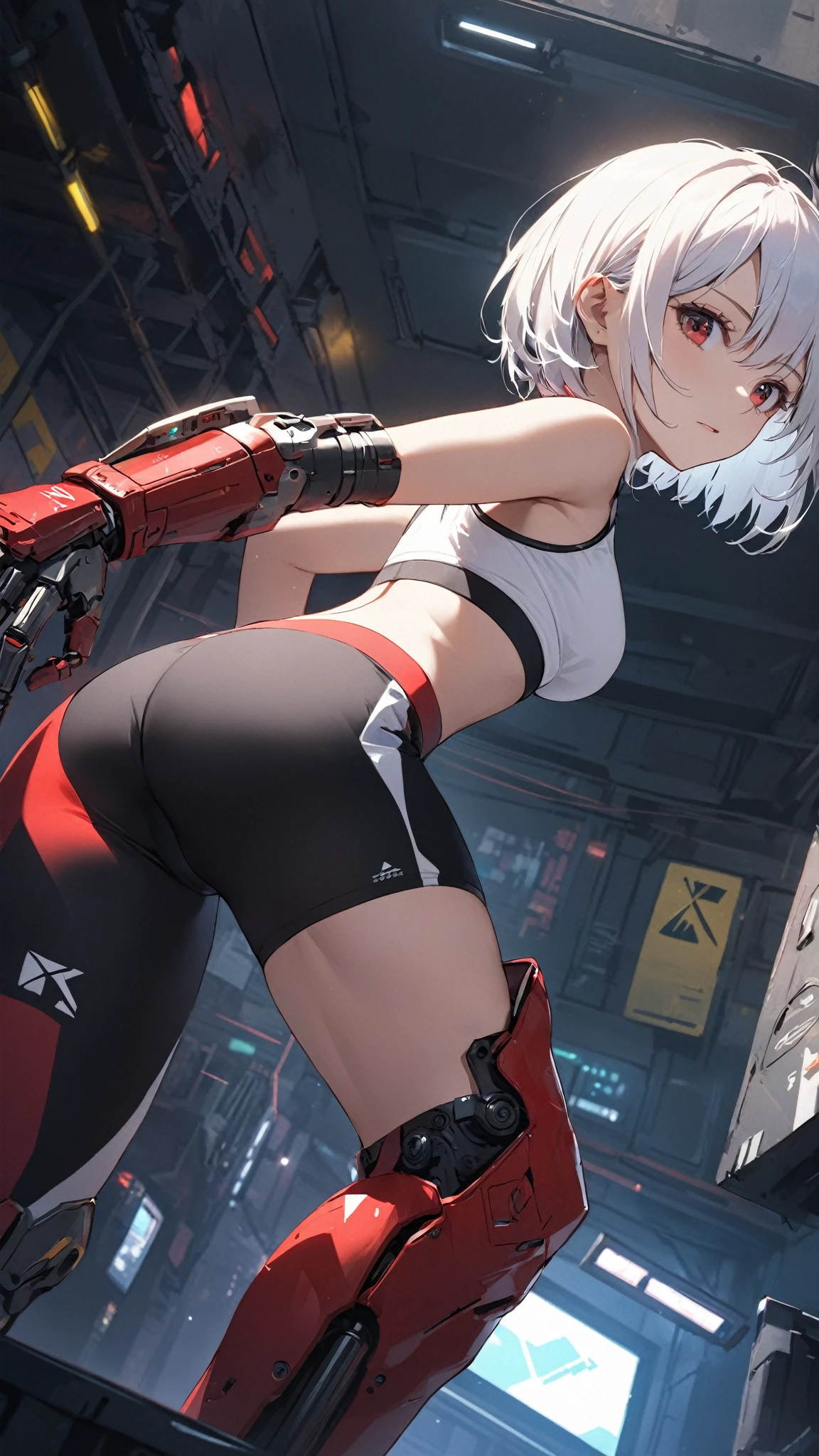 Full body, African American Female, Cyborg, mechanical left Arm.