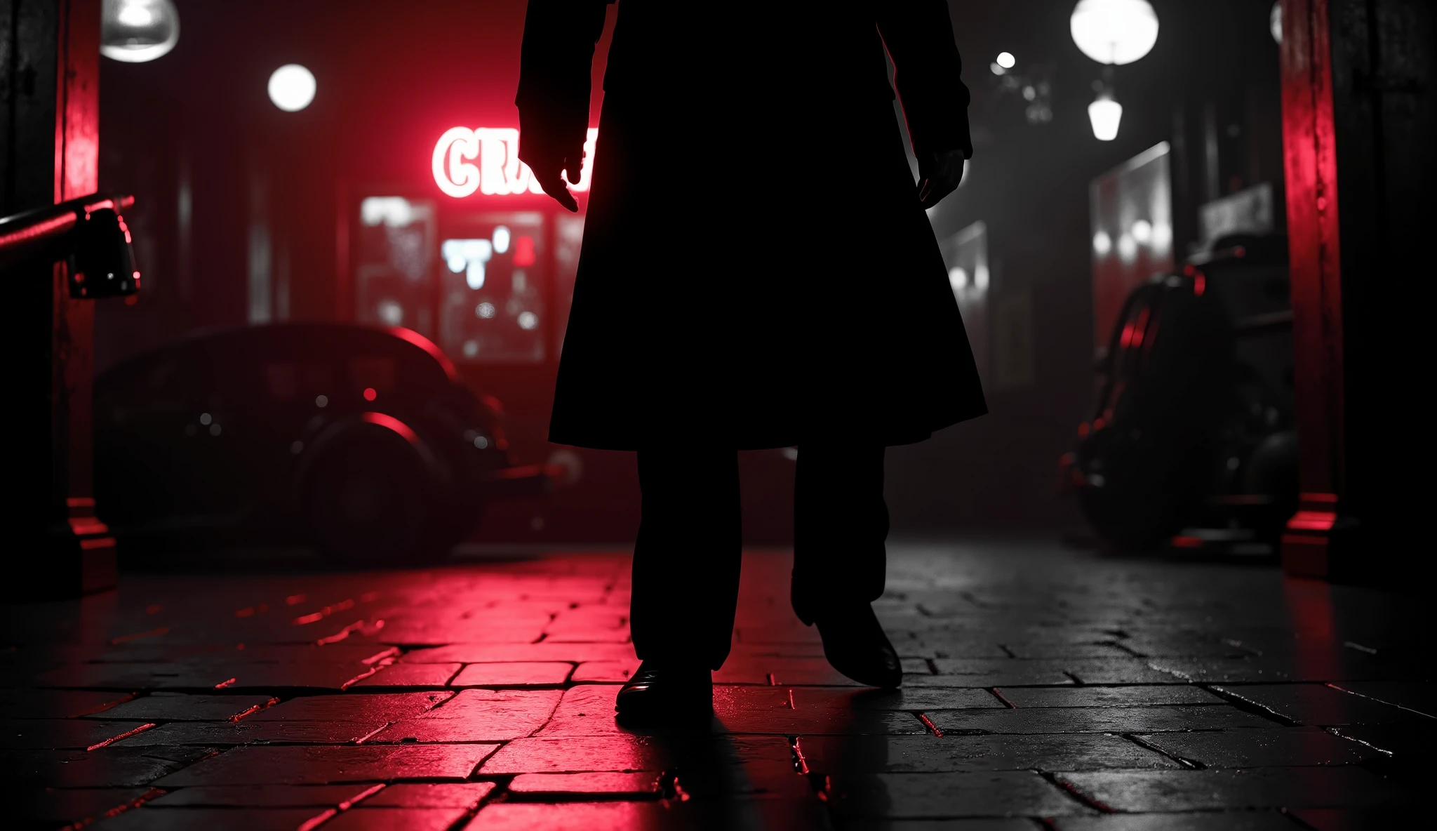 An ultra-realistic scene in BLACK AND WHITE, IT'S NIGHT AND IT'S DARK only small beams of red light COMING FROM A BAR BEHIND HIM illuminate the floor close up on the feet of a man walking in front of the viewer down the street, he wears a black overcoat, black dress pants and black shoes that match the gangster style of the 40s, He is leaving a JAZz BAR, the tip of his overcoat is also seen in the scene , CLOSE UP ON SHOES STEPPING OUTSIDE the bar ."