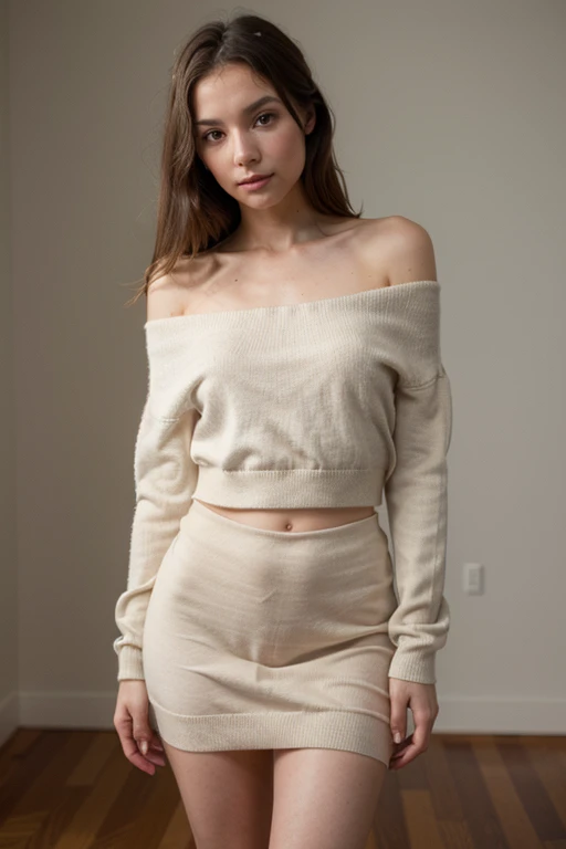 A full body photo of a skinny girl, 20 years old, pilates pants and figure-hugging long-sleeved shirt, lady, short, narrow hips, narrow face, fair skin, chestnut brown hair, blue eyes, straight nose, thick lips, sharp chin, shoulder length hair, thick hair, bun, small breasts, rose gloss lipstick, studio photo, white background, masterpiece, high resolution, 8k, award winning, RAW photo, good quality, 35mm photography, film grain, bokeh, professional, very detailed,