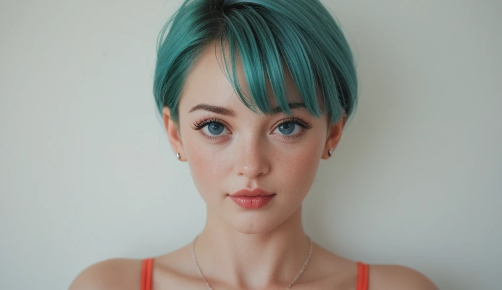 A stunning professional photo of a 24 year old pretty woman, shirt, skirt, cute, absolute beauty, round face, pale skin, (((short hair french bob hair shaved))), (hair parting on left side), Blue hair, brown eyes, beautiful eyes, freckles, freckles and moles all over body, large natural breasts, soft breasts, early summer, soft natural light, highly realistic skin, highly realistic face, highly realistic eyes, at a garden party, party lights, many people in background, seductive, sultry, low light, soft natural light, Rembrandt style light, made with a Hasselblad camera, 35mm, film grain, masterpiece, sharp focus