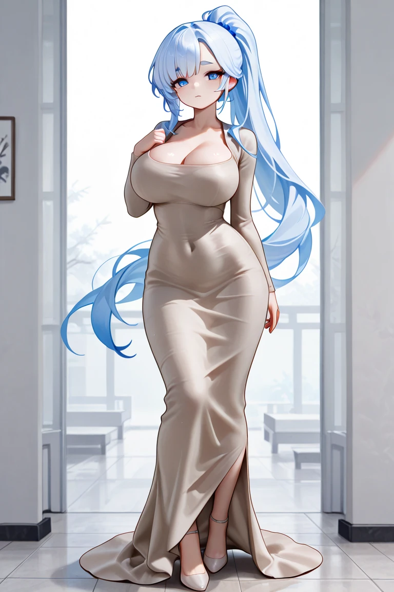 Best quality, masterpiece, ultra high res, raw photo, beautiful and aesthetic,deep shadow, dark theme,(ultra detailed:1.3),
1girl, sexy pose, Headdress, (beautiful face, detailed eye:1.2), embarrassed, (busty breasts, gigantic breasts:1.1), drill hair, long hair, blonde hair, gradient hair, yellow eyes, solo, big hair, blue hair, divine goddess, looking at viewer, indoors, royal palace, medieval bedroom, astraea, full body, (silver blue dress:1.3),