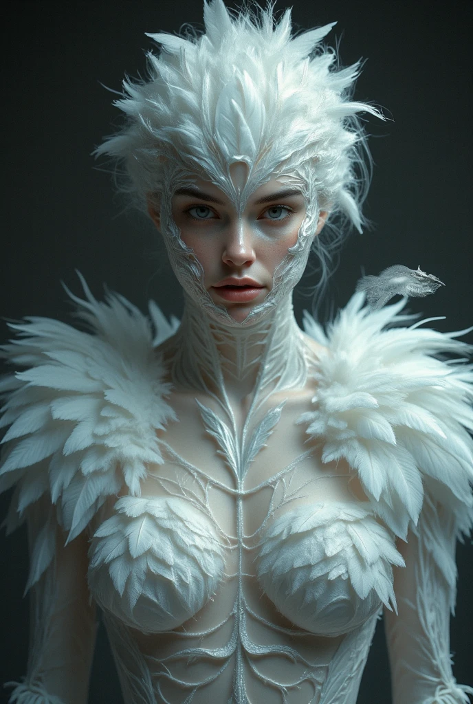 ( nymph:1.3) woman with a white body and wings on her back and chest covered with leaves and vines, with a blue eye and a white body with a white body with lines and cracks in the skin , nipples covered with wines, 4k , amazing, wonderful, beautiful, (highly detailed:1.1) , hdr, smooth, sharp focus, high resolution, high quality, Professional photograph, by Greg Rutkowski, Studio lighting