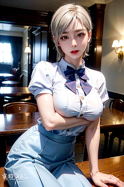 top-quality、超A high resolution、(Photorealsitic:1.4)、女の子1人、White blouses、a blue skirt、bowtie、(faded ash gray hair:1)、(Normal breasts:1)、looking at viewert、cafes、Garou Legend Charm