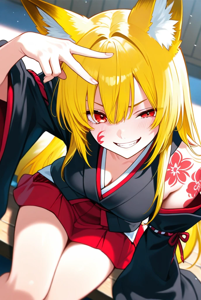 Yaku, 1GIRL, HAIR BOW, RED JAPANESE CLOTHES, SLEEVELESS, SASH, BANDAGED ARM, BLACK THIGHHIGHS, solo, facing viewer, looking at viewer, upper body, smile., ultra long hair, messy hair, cleavage