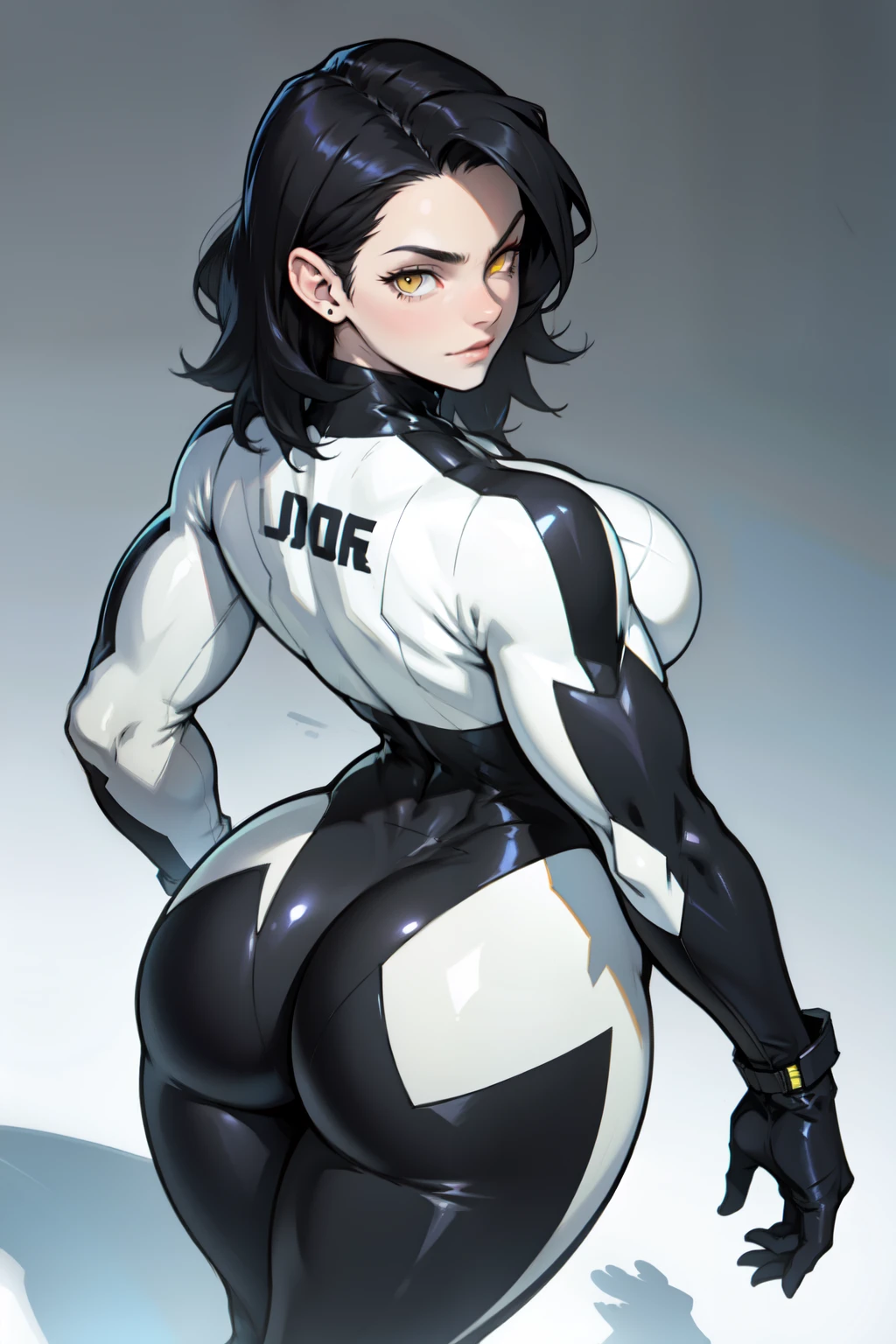 best quality (((((girl muscular thick thighs))))) (full bodysuit cowboy-shot from behind from above) pale skin black hair yellow eyes very long hair big ass