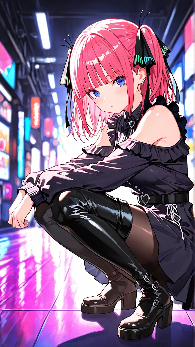 masterpiece, best quality, ultra-detailed, 1girl, pink hair, short hair, ((blunt bangs)), flipped hair, (jitome), blue eyes, Medium chest、slim、Cowboy Shot、looking around 、Street Corner、BREAK, (visual-kei, v-Kei:1.0), (black (oversized baggy:1.2) long sleeve t-shirt:1.2) with a (tattered elongated long sleeve), (tucked out:1.4),BREAK, (black knee-high:1.5), ( baggy boots), (black checkered mini skirt:1.5), (many silver accessories, necklaces:1.2), ((from behind:1.3)), from below, hip focus
