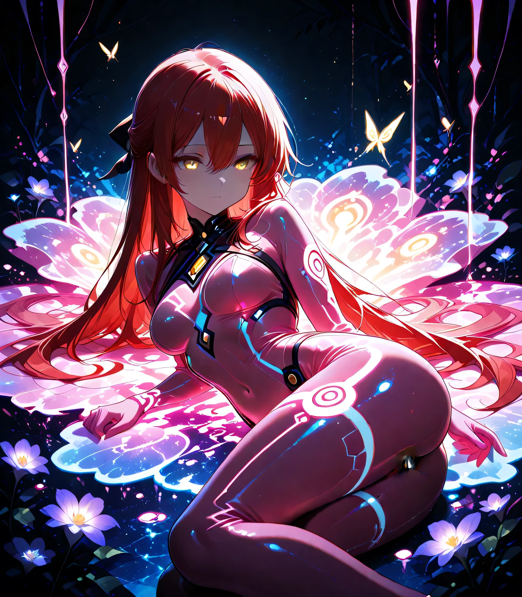 1 girl , golden eyes , very long hair , long sidelocks, red hair ,half updo, petite , very cute , beautiful ,Straight hair, cool, handsome, hair between eyes, sexy, medium breasts , pink bodysuit,glowing red hair, laying in flowerbed, ultraviolet light, ultraviolet flowers, best quality, masterpiece, dark background, comforting, elegant, glossy, ethereal , score_9, score_8_up, score_7_up, source_anime,