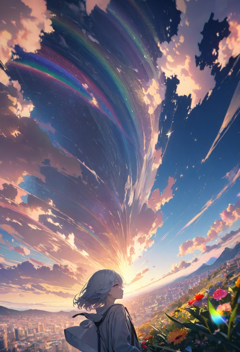The vast sky, beautiful skyline, large grasslands, extremely tense and dramatic pictures, moving visual effects, the high-hanging Polaris, and colorful natural light. A long-sleeved top, denim shorts, and a girl with a backpack. --auto --s2