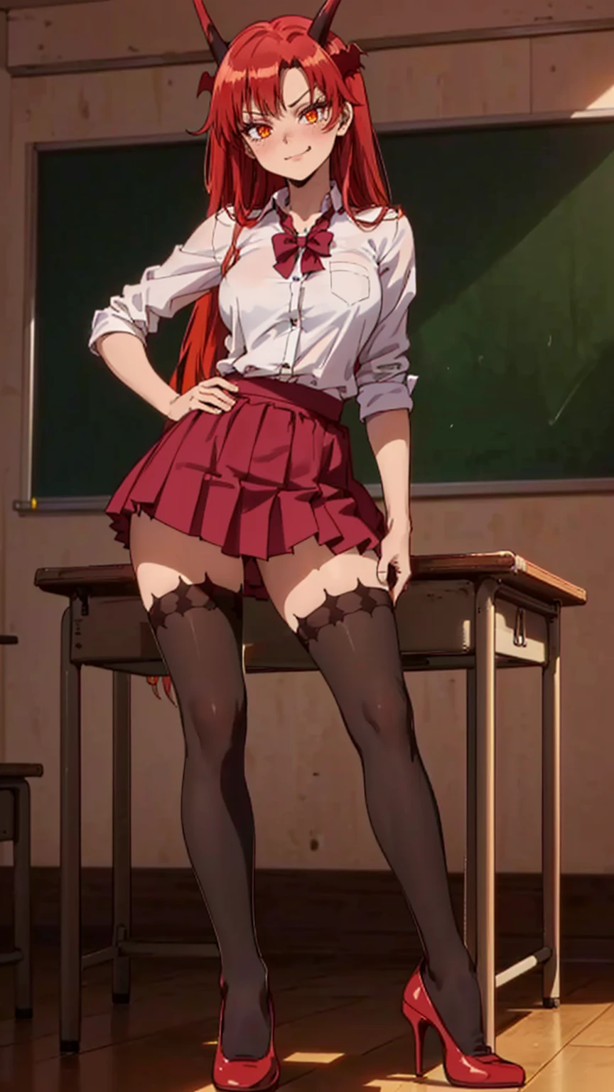 Masterpiece, Superior Quality, High Resolution, NSFW, Sexy Panties, Hair Band, Hair Band with Mini Ribbon, Red Hair, Solo, Green Eyes, White Thighs, Black Luxury Dress, Collared Shirt, Tight Clothes, Neck Ribbon, Bangs Blunt, Short Sleeves, Semi-Naked, Showing Off, Sexy Pose, Visible Panties, Pubic Hair Is Visible Through Panties, Very Wet Panties, Open Legs,  Cowboy Shot, From Underneath, Sweaty, (Dress Elevator: 1.7)