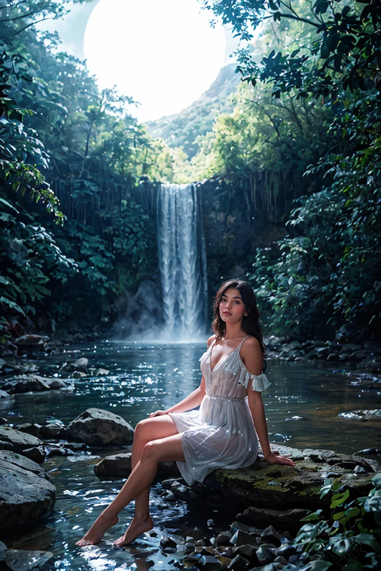 shot by Sony a7 IV Mirrorless Camera, natural light, analog film photo, Kodachrome ,in a magical crystal world , a woman is sitting near a waterfall on a full moon night , sparkling and glittering glowing particles in the air , soft bluish glow