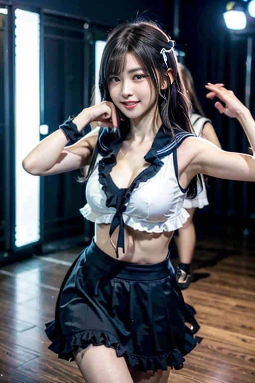 Idol,With a round face,A smile that makes people happy,Classroom wall and window on background,(((Intense dance motion:1.3))),(Let's spread our hands and dance rhythmically:1.3),(((Dance that emphasizes breasts:1.3))),(stand up and put one knee up:1.3),Add motion blur effects to simulate motion,(Dynamic and sexy dance poses),(lean forward:1.3),((( sailor suit))),big and full breasts,Disturbance of clothing due to movement,(Skirt rises with dance movements:1.3),Short wavy hair with shiny silver and orange stripes,messy hair,floating hair,look at the audience,(professional lighting),(In 8K,table top,highest quality,Ultra high resolution output image,),(intricate details,),(Image mode to Ultra HD),beautiful hands,beautiful fingers,Detailed functions of fingers,Detailed features of the garment,Detailed characteristics of hair,detailed facial features,