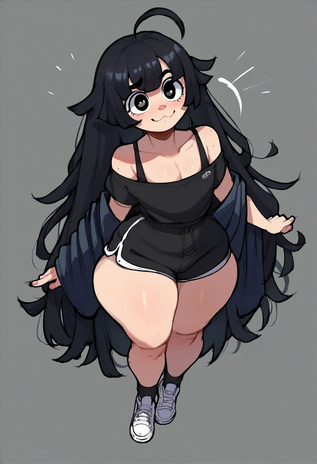 1 girl, goth girl, black hair, black eyes black makeup, pale skin, booty shorts, crop top, bottom heavy, huge ass, gigantic ass, Brazilian Butt Lift, BBL, bubble but, fat ass, sweaty 