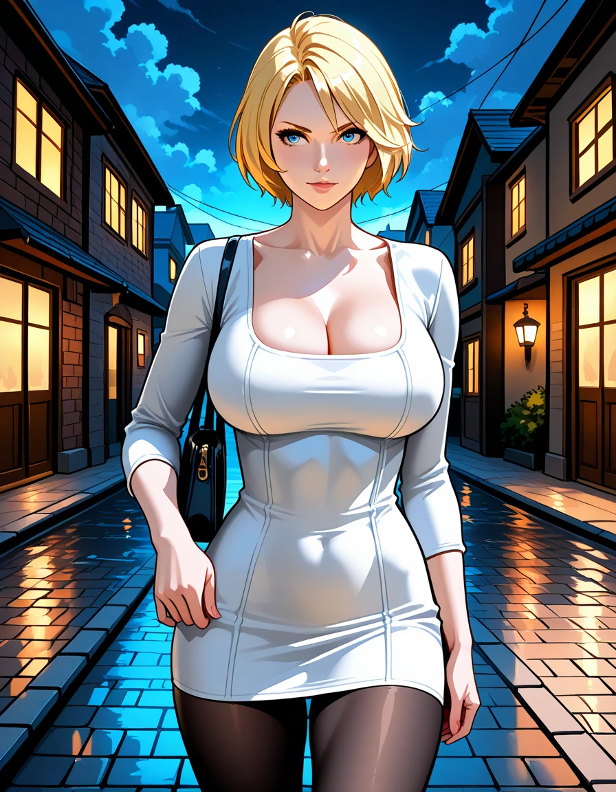 masterpiece, best quality, very aesthetic, absurdres, 1girl, mature_lady,white_dress,(cum_on_body:1.3),,blue_mary(fatal_fury), snk, the_king_of_fighters, 1girl, bare_shoulders, blonde_hair, blue_eyes, short_hair, bob_cut,,cityscape, leaf, moon, night, night_sky, outdoors, sky, skyscraper,,blur background,background defocus,