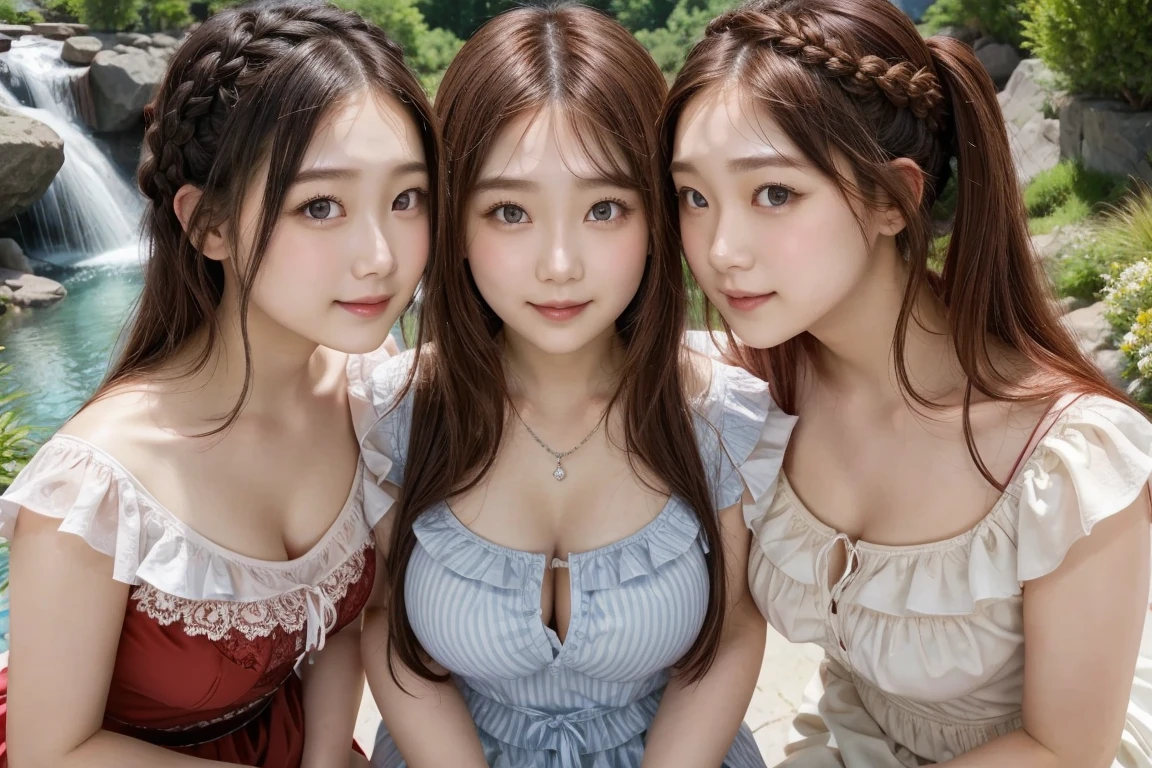 ( 3 girls),smile、Look into the camera、diamond necklace、braided hair, Wear a jeans skirt.((Wear a red off-the-shoulder sweater..))revealing upper arms、Extra long twin tail feathers、Flower Hair Ornaments、 Masterpiece, Highest quality, 8ก, beautiful girl, young face、 photography, Cute face, thigh,(Sitting in a lotus pond),、รอยsmile、small waist, blue eyes(((The chest is erect...)))(((round chest)))(((big breasts:1.15)))