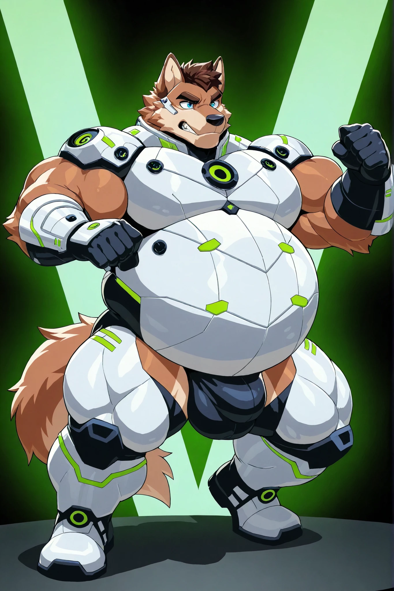 light brown wolf, furry, male focus, big belly, fat body, big large pectorals, muscular arms, thick thighs, huge muscular, short brown hair, blue eyes, gray futuristic armor, green lights, huge bulge, action pose, full body