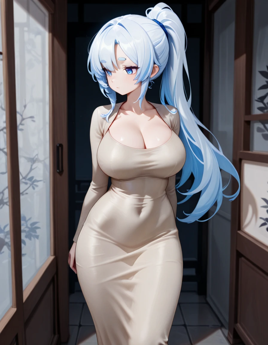1women,milf,ningguang, ningguang, grey hair, hair ornament, hairpin, long hair, parted bangs, (red eyes:1.5), sidelocks, streaked hair, red hair,medium breast,
BREAK tassel, blue panties, single glove, single pantsleg,
BREAK looking at viewer, full body, (cowboy shot:1.5),(left hand and right hand on hip), angry, pov,
BREAK indoors,
BREAK (masterpiece:1.2), best quality, high resolution, unity 8k wallpaper,NSFW ,(illustration:0.8), (beautiful detailed eyes:1.6), extremely detailed face, perfect lighting, extremely detailed CG, (perfect hands, perfect anatomy),