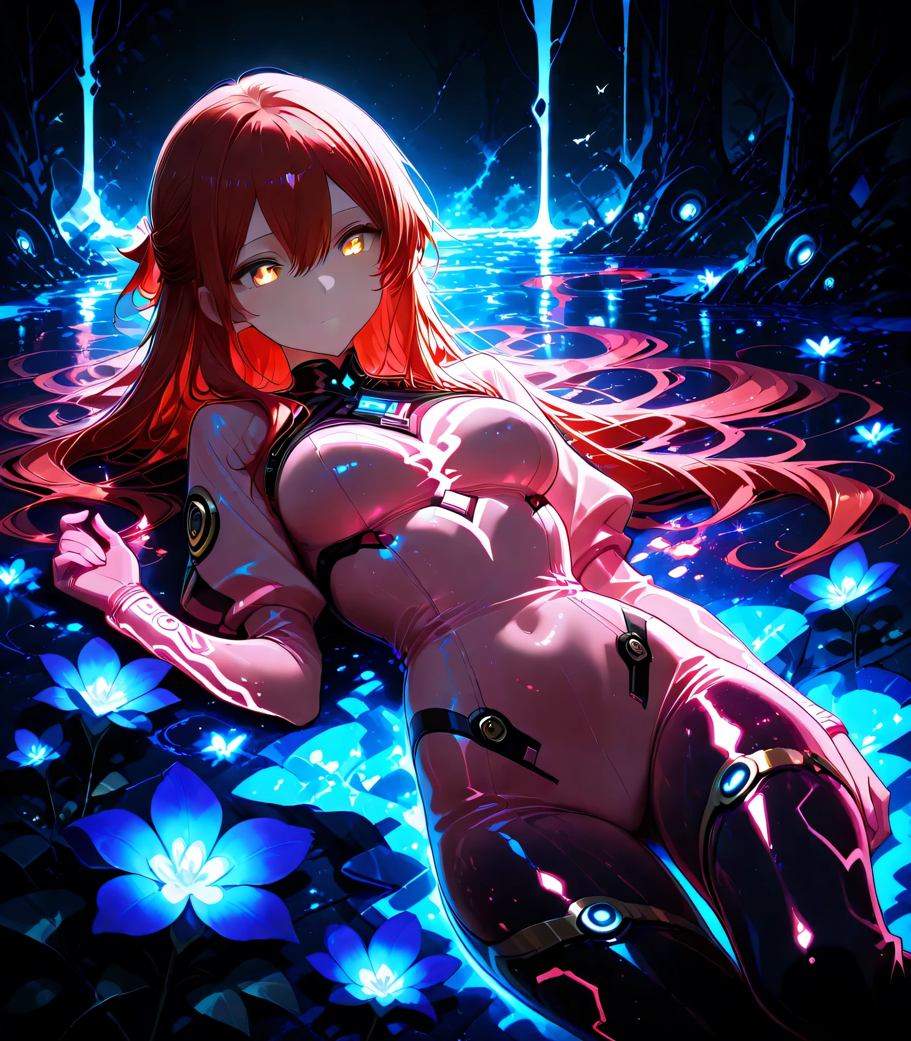 1 girl , golden eyes , very long hair , long sidelocks, red hair ,half updo, petite , very cute , beautiful ,Straight hair, cool, handsome, hair between eyes, sexy, medium breasts , pink bodysuit,glowing red hair, laying in flowerbed, ultraviolet light, ultraviolet flowers, best quality, masterpiece, dark background, comforting, elegant, glossy, ethereal , score_9, score_8_up, score_7_up, source_anime,
