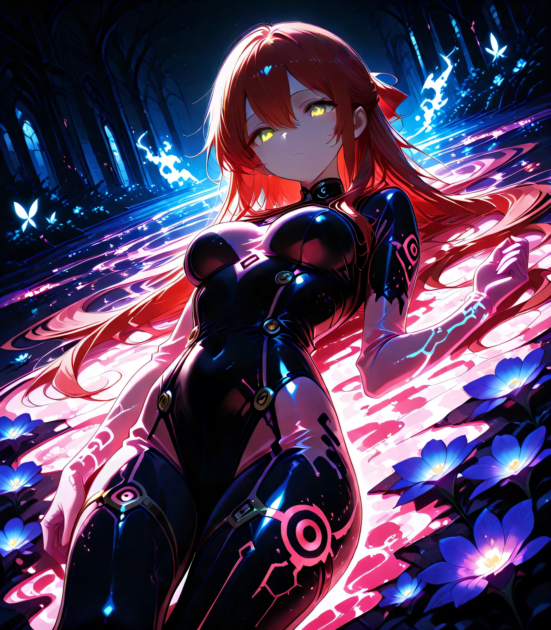 4K high resolution, one female, (((Glowing Rune Tattoos))), black and red hair, princess knight dress and pants, circlet
