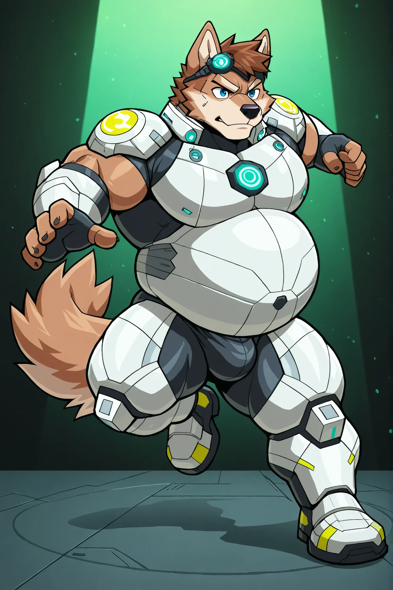 light brown wolf, furry, male focus, big belly, fat body, big large pectorals, muscular arms, thick thighs, huge muscular, short brown hair, blue eyes, light gray futuristic armor, green lights, bulge, action pose, full body