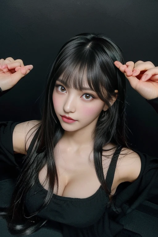 un primer plano de una mujer con cabello largo y negro que llevaba un top negro, chica anime en la vida real, ella tiene el pelo negro con flequillo, cruel korean gothic girl, pelo cortado hime negro, con pelo largo y ojos penetrantes, ulzzang, 1 7 anime gothic girl, pale gothic beauty, pelo largo y negro con flequillo, anime hiperrealista