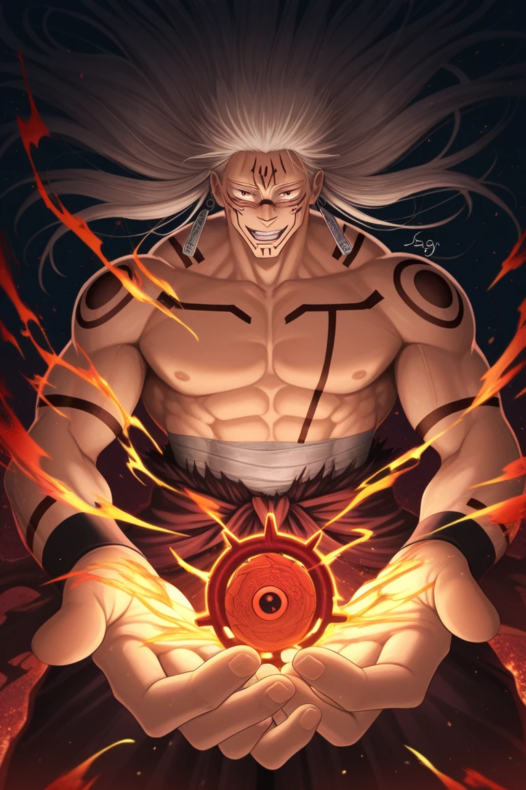 anime style, strong, shirtless, long hair, white hair, fangs, black bread bracelets, red bread necklace, face scar, black baggy pants, tall, fire background, tiger background.