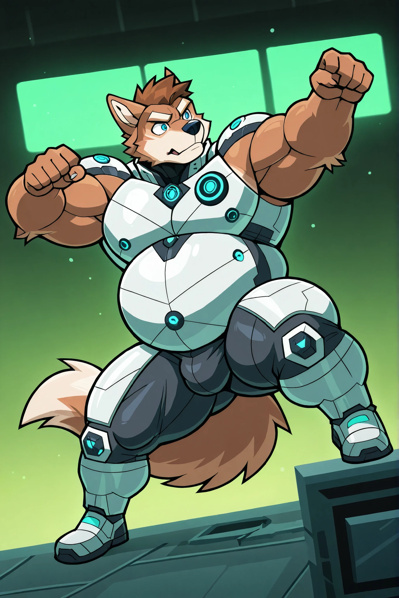 light brown wolf, furry, male focus, big belly, fat body, big large pectorals, muscular arms, thick thighs, huge muscular, short brown hair, blue eyes, light gray futuristic armor, green lights, bulge, action pose, full body