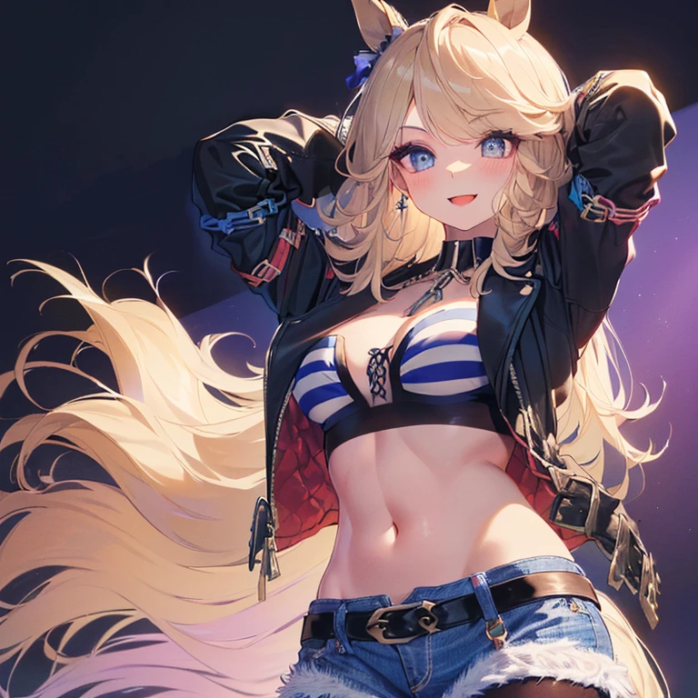 masterpiece, highest quality, very detailed, excellent anatomy, figure, High resolution, detailed background, High resolution
, software, 1 girl, looking at the viewer, blush, From above
, gold city \(umamusume\), horse tail, parted lips, black choker, Gold chain, single glove, white gloves, long sleeve, Bando, cleavage, strapless, Tube top, belly button, abdomen, open jacket, open clothes, black jacket, Black belt, denim shorts, cut off, shoes that don't fit
, outdoors,