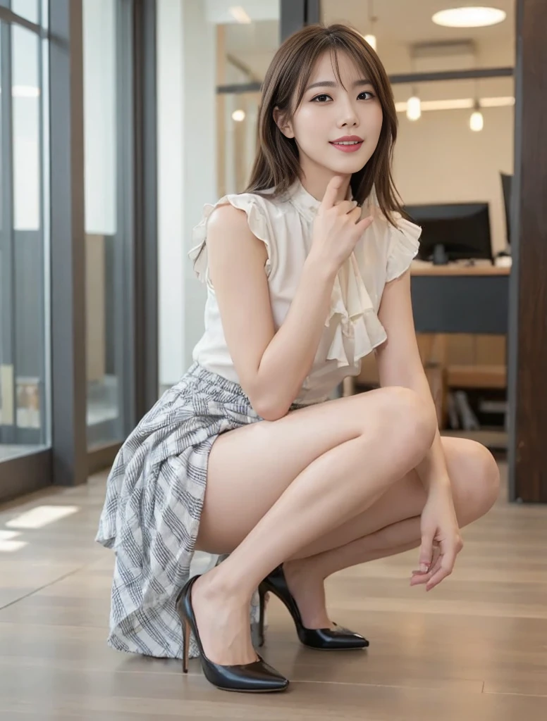 Bare legged、Panchira、Leather miniskirt、Tight yellow shirt、The chest is fluttering、