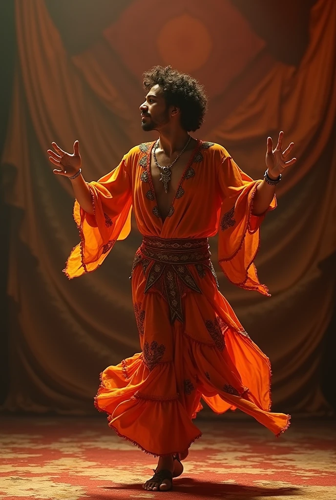 A man in a billowing gold chiffon male belly dance costume poses for a photo, handsome Prince of persia, Attractive male deity, brown skin man egyptian Prince, beautiful androgynous Prince, asoka five, delicate androgynous Prince, hindu aesthetic, Human Djinn Hybrid, handsome Prince, Heroic male pose, Prince, male warrior, djinn man male demon, Persian warrior, beautiful face