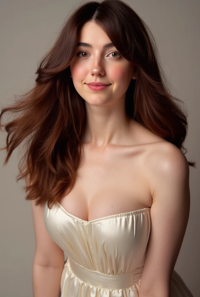 With this image of this woman, she has a nightgown as a white silk dress and can be seen from the waist up.