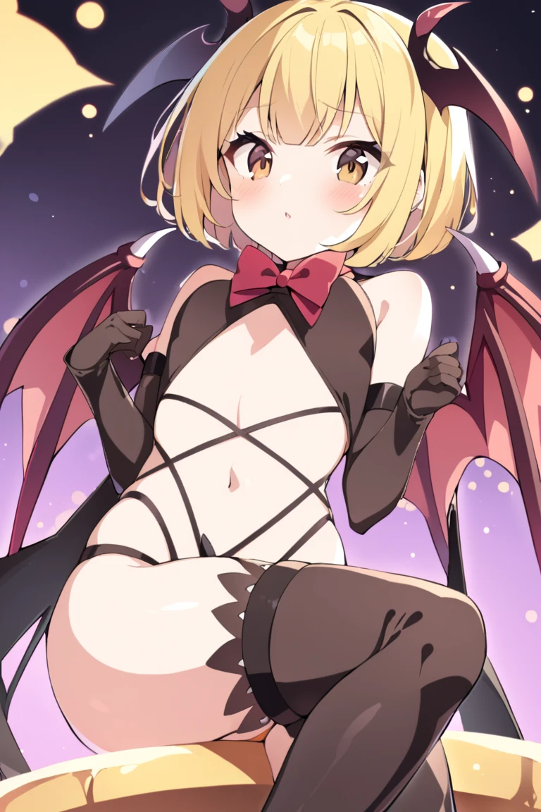 stick out tongue(masterpiece:1.2), (highest quality:1.2), perfect eyes, perfect face, perfect lighting, no background, 1 girl, ,　Remilia　(big breasts)　blonde　red eyes　, ((waby hair)), short hair, ((((nude)))), cute eyes, medium breast, ((((glaring)))), ((from above)), ((front)), Vivid depiction, open mouth, angry ,　arms behind back, fang, side ponytail,((spread legs))