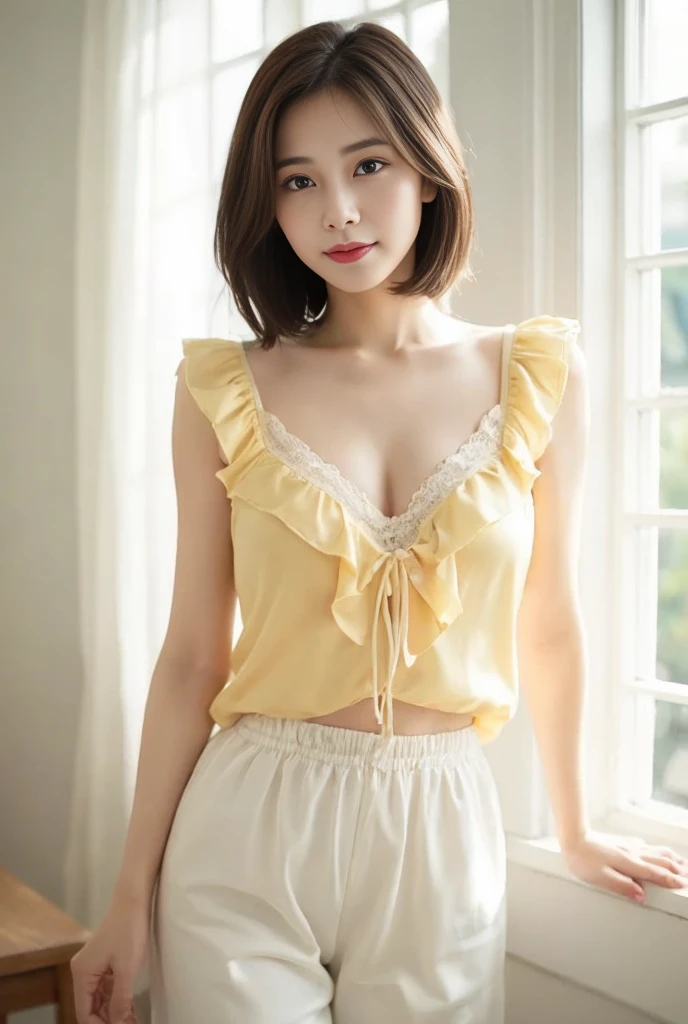 Realistic portrait of a girl, Photorealistic, a necklace, busty, highly detailed, 8k, beautiful, armpit, perfect face, masterpiece and beautiful face, detailed eyes, 4k, high-res and elegant, walking in Mykonos, (wearing elegant short Blouse yellow flower motif, Underwear), Realistic, A sexy, full body, Legs apart, sitting in the plane