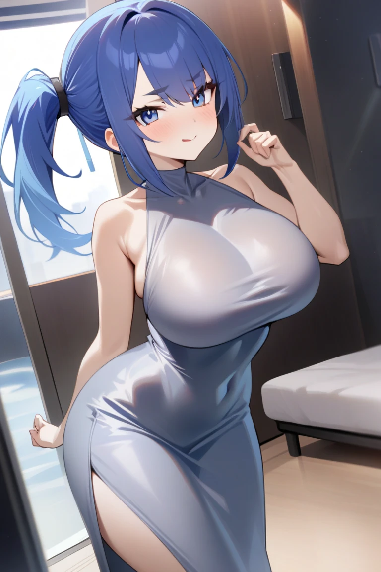 female, curly ponytail, blue hair, deep blue eyes, large breast,