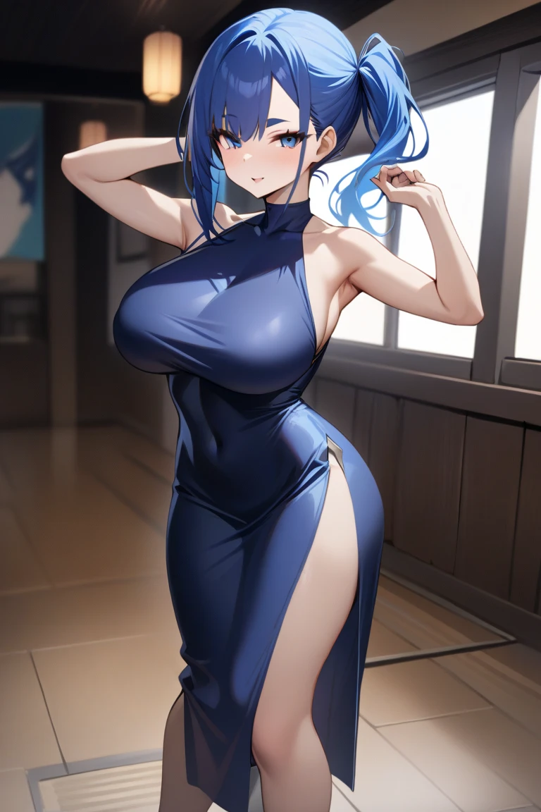 1girl, solo, mature female, milf, motherly, older female, dark-skinned female, dark skin, (gyaru), wavy hair, short hair, blue hair, blue eyes, swept bangs, large breasts, blue dress, strapless dress, tube dress, blue high heels, smile, standing, hands on hips, looking at viewer, outdoors