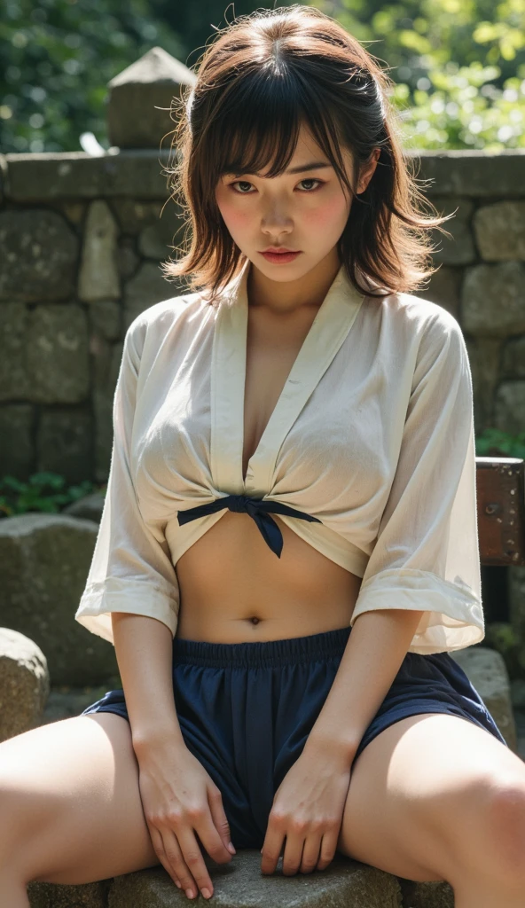A woman wearing a red skirt and white shirt takes a photo, japanese girl school uniform, hakama kimono, Japan school uniform,  A Japanese style, Red kimono, A Japanese styleスタイル, traditional japanese, Wearing Hakama, japanese kimono,背景にWinter scene,Background inside the house ，Ultra-high image quality，No bra，feet visible ，You can see the valley ，breastsoutの谷間 ，Furisode ，Wide sleeves ，shrine maiden clothe ，shoulders can be seen ，Shoulder skin is visible ，Shoulders exposed  、hyperdetailed body(ほどよいbreastsout)、super-detaild skin　、breastsout 、Transparent、(undergarment)、see -through、(Winter scene)、Balance Diagram:1.2、A sexy、lesbian、(Touch each other)、(Take it off)、お互いにBe undress、Exposed shoulders、breastsout元が露出、pushed、(Embarrassed look)、embarassed expression、 Seduction Pose、(Be undress)、((Spread your legs wide))、Opening legs、a miniskirt、undergarmentが見える、(((toppless)))、Leaning forward posture、Clothes are disheveled、Squatting posture、Taking off your skirt、(i am wearing tabi socks)、(Pants are white)、Sheer nipples