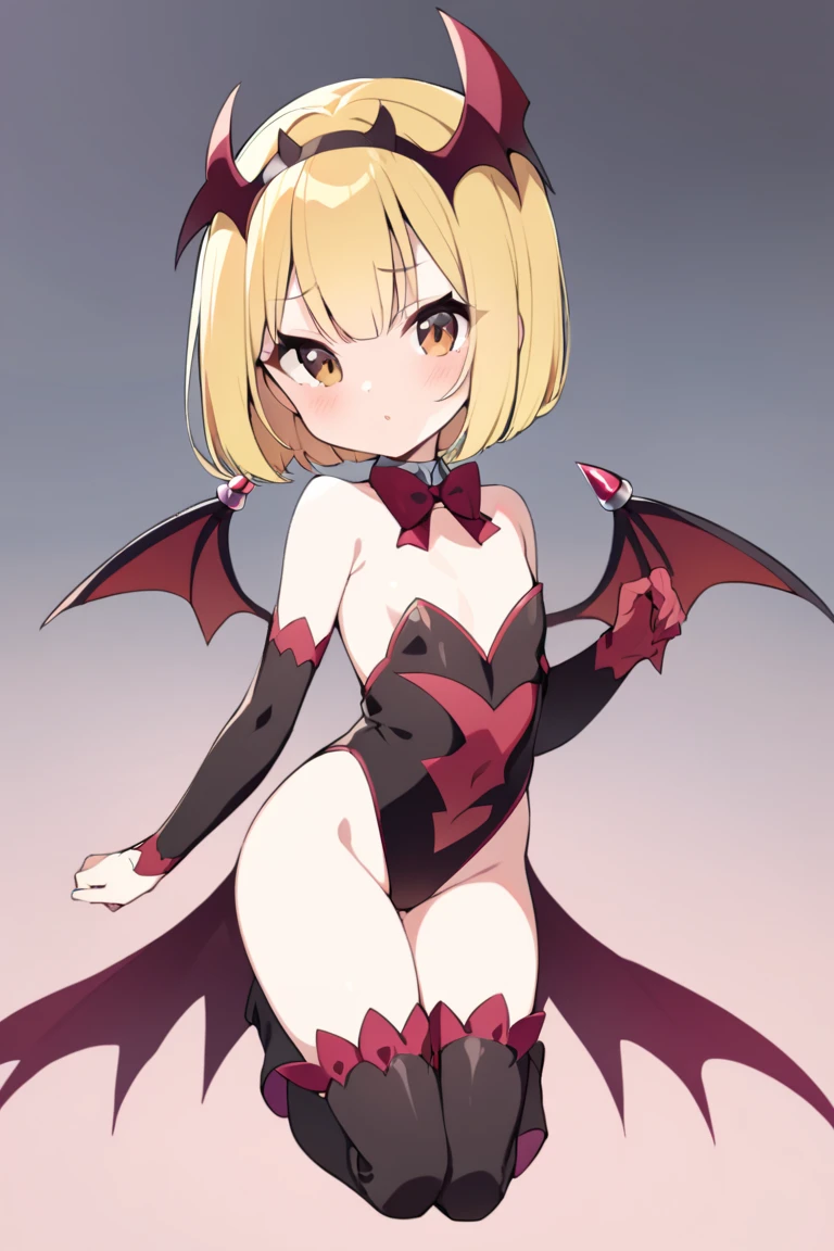 A blonde girl, short blonde hair, sexy black and red clothes, bat wings