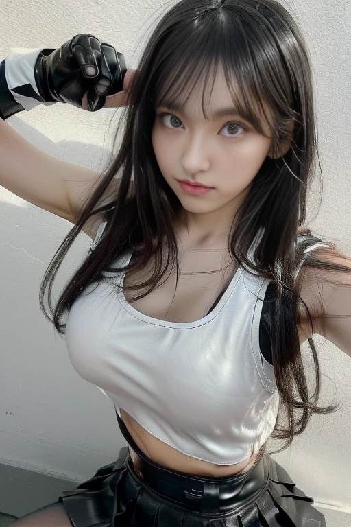 21yo girl, blue hair, (twintail Hair). Bitting her lower lip while closing her eye,Wearing orange oversize t-shirt,, show shoulders, cleavage, show big thigh, Ultra Gigantic breasts:1.6 ,hands holding breasts,plumpy body, standing pose , background on gym