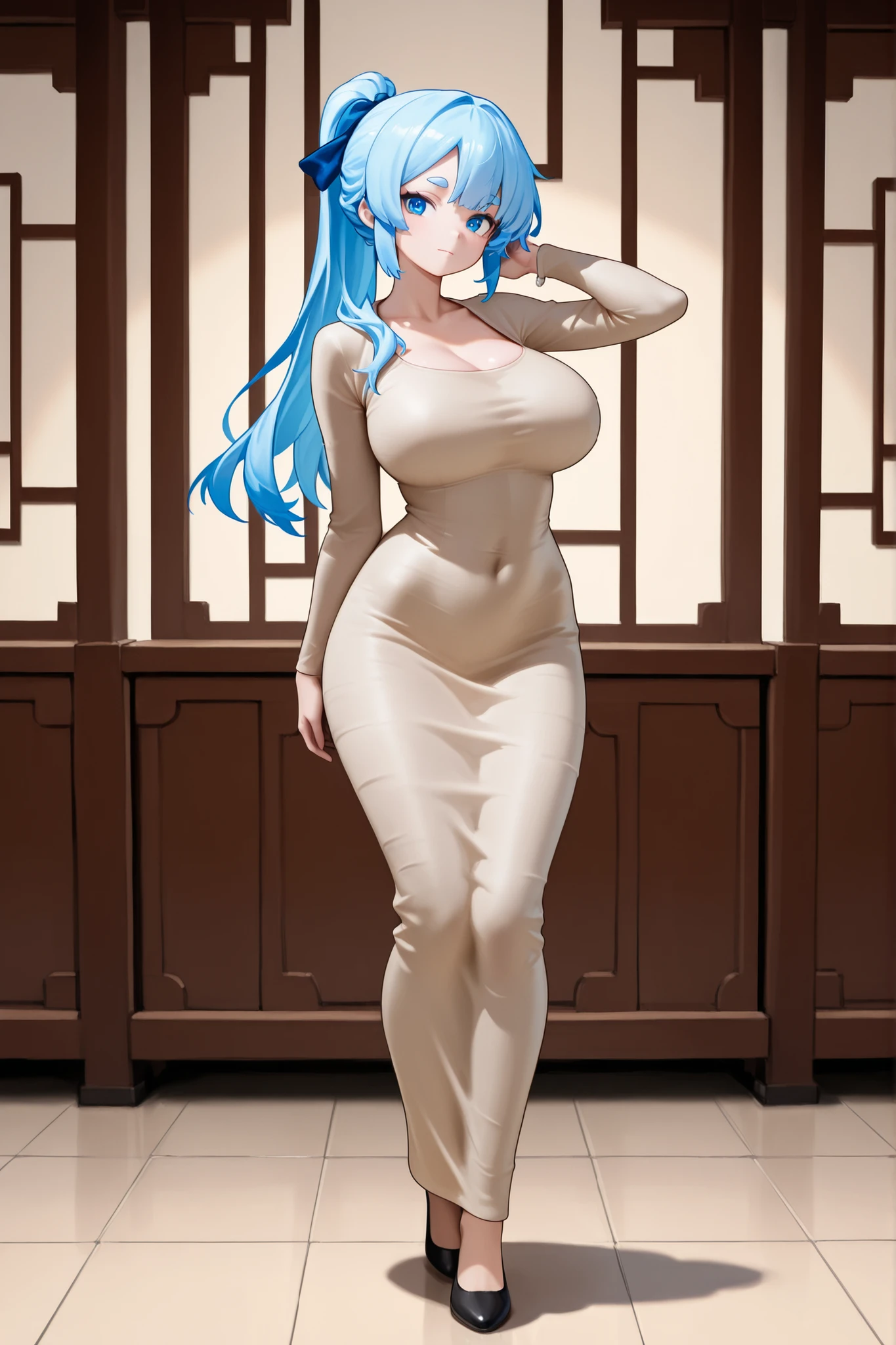 (Masterpiece), Best Quality, ultra-detailed, 1girl (rinko_iori, Slender and sexy body, huge and pretty breasts, wide hips, naked body, dark blue hair, long wave hair, blue eyes), evil face, smirk,parted lips,mascara, full makeup, red lipstick, facing viewer, looking at viewer, solo, elegant tight evening dress, very tight dress, silver dress, sexy outfit, long slim and fit leg, big v neckline, 21thshirow, covered nipples, in the store, standing, Sexy waist teasing, a provocative pose, Full-body 