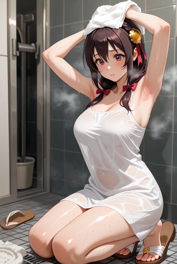 ((Highest quality、Best image quality、Ultra-high resolution、Ultra-high resolutionで描画、alone、Bright red eyes、Very beautiful adult woman、非常に精細なBeautiful Face、very fine and beautiful eyes、Innocence、Beautiful gesture、シンメトリーのBeautiful Face))、1 Girl、Realistic、Written boundary depth、Natural soft light、Daytime、charm、Beautiful Face、Cleanliness、Pure Face、Shiny skin、Black Hair、Light of the sun、Ezvian Everywhere、((Golden RatioのBeautiful Face、Golden Ratio、Expose your hips、Expose your shoulders))、Beautiful and large breasts、Long neck、Neat long hair with bangs、Perfect Fingers、Perfect hands、Perfect body、Perfect Face、Shine a light into your eyes、Perfect Anatomy、Tall Supermodels、Long-legged supermodel、Long neck、Broad shoulders、stand、Smile at the audience、Laughter、smile、Beautiful neckline、Keep an eye on your audience、Shadow Fade、Tilt your head、White hair band、Black Hair、Open-air bath background、steam、sauna、bathtub、Wrapped in a bath towel、White bath towel、steam background、Girl soaking in the bathtub、A little bit is just、Buttを向けている、Backwards、Buttを突き出している、Buttをカメラに向ける、Butt、Buttがbathtubに浮いている、back、Turn around、Scapula、View from behind、Buttの割れ目、On all fours、BackwardsのOn all fours、Sole、Spread your legs