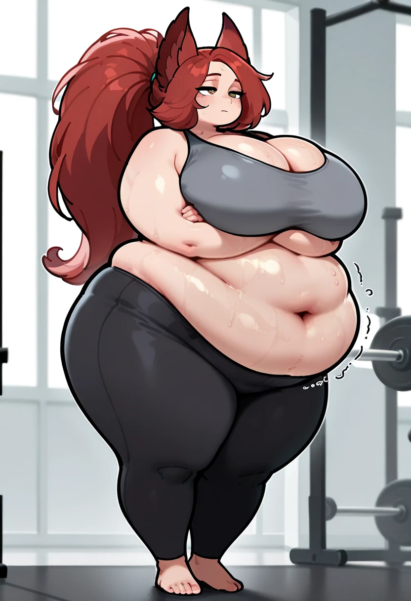 (masterpiece, best quality, highly detailed), 1girls, big belly, huge belly, art by kipteitei, round belly, chubby, curvy, belly grab, enormous belly, fat belly, thicc, bigger belly, really big belly, jiggly belly, glasses, gym clothes, (sweating), very tight breasts, ((full body)), fl