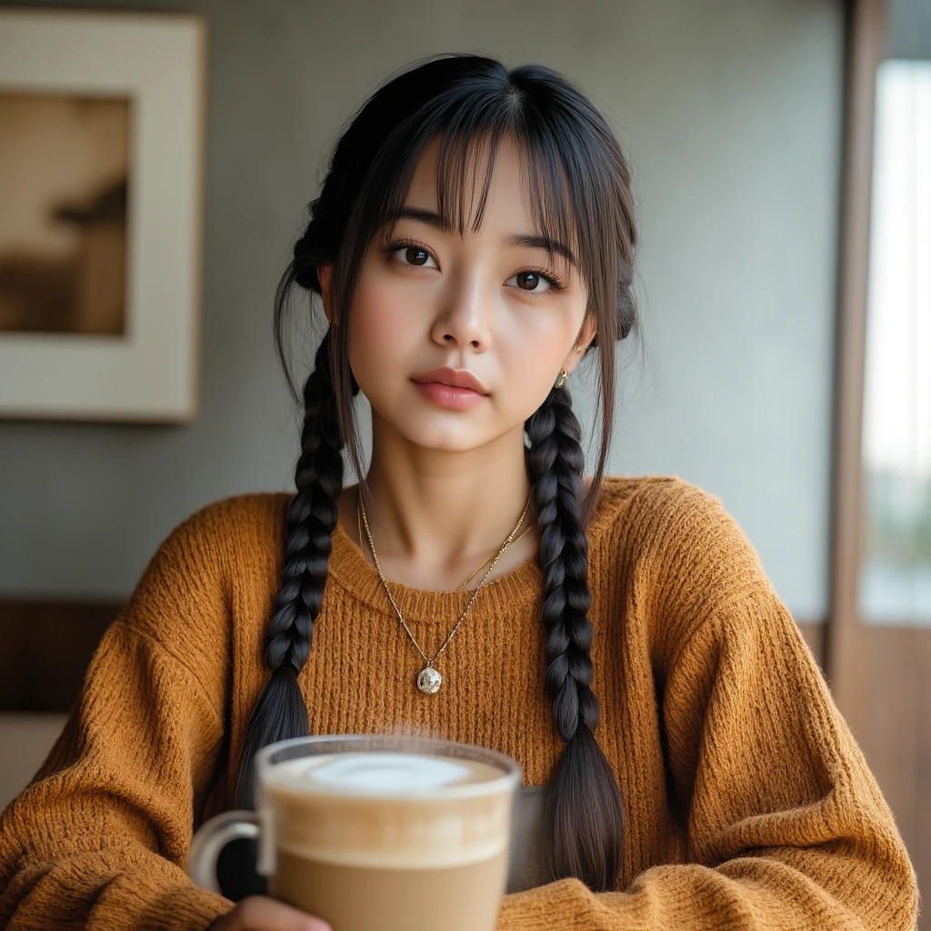 (RAW Photos), (Highest quality), masterpiece, 1 Girl, Twin tails, (short twintails), braid, head shot, Twin tails, Cafe, Terrace seats, sweater, skirt, loafers, Coffee cup, Book, Warm tones, Approachable, Depth of Field