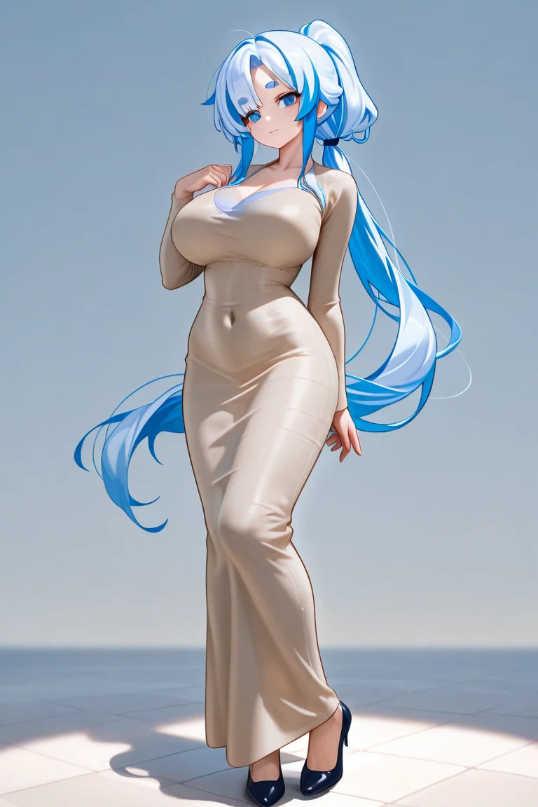 16K, Best Quality, Best, Masterpiece, Blue and White Hair, Golden Eyes, White Clothes, Looking Up, Hair, Fair Skin, Side Braids, Big Breasts, Thin Waist, Long Legs, Tight Dress Long Dress, Conservative