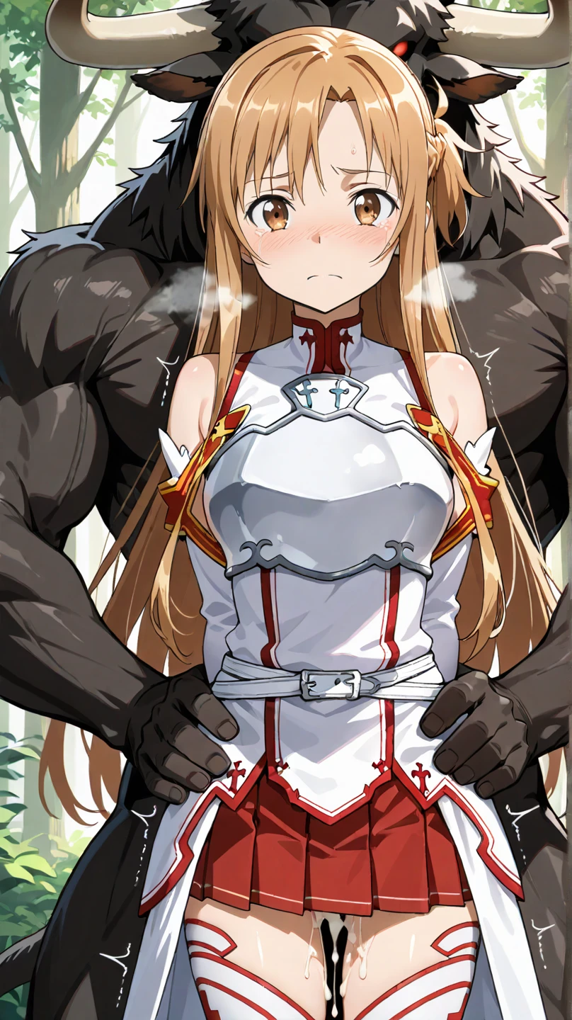 NSFW, {{black outlines}}, {{Game CG}}, {{vector trace}}, {{{{Bestiality}}}}, (1men,1girl),(1ghoul,1girl),he is ghoul, (she is Asuna Yuki),{{{{he have goat head ,he is standing behind girl,he is Leaning her forward, he have Goat horns,his eyes are Sunken eyes}}}}, doggy style , from behind,Asuna Yuki(Sword Art Online), dynamic angle, Long bronze hair,braid,Brown eyes,Detailed eyes,Large chest line,Roll Forward,armature,chest flap,luxury long sleeve white luxury shirt,Detached sleeves,red and white luxurious skirt,pleatedskirt,Lifelike,Her thin legs are so cute.,Very beautiful long legs.,white thighhig, luxury garter,Perfect body,Lifelike,white lace luxury panties,Clothing,