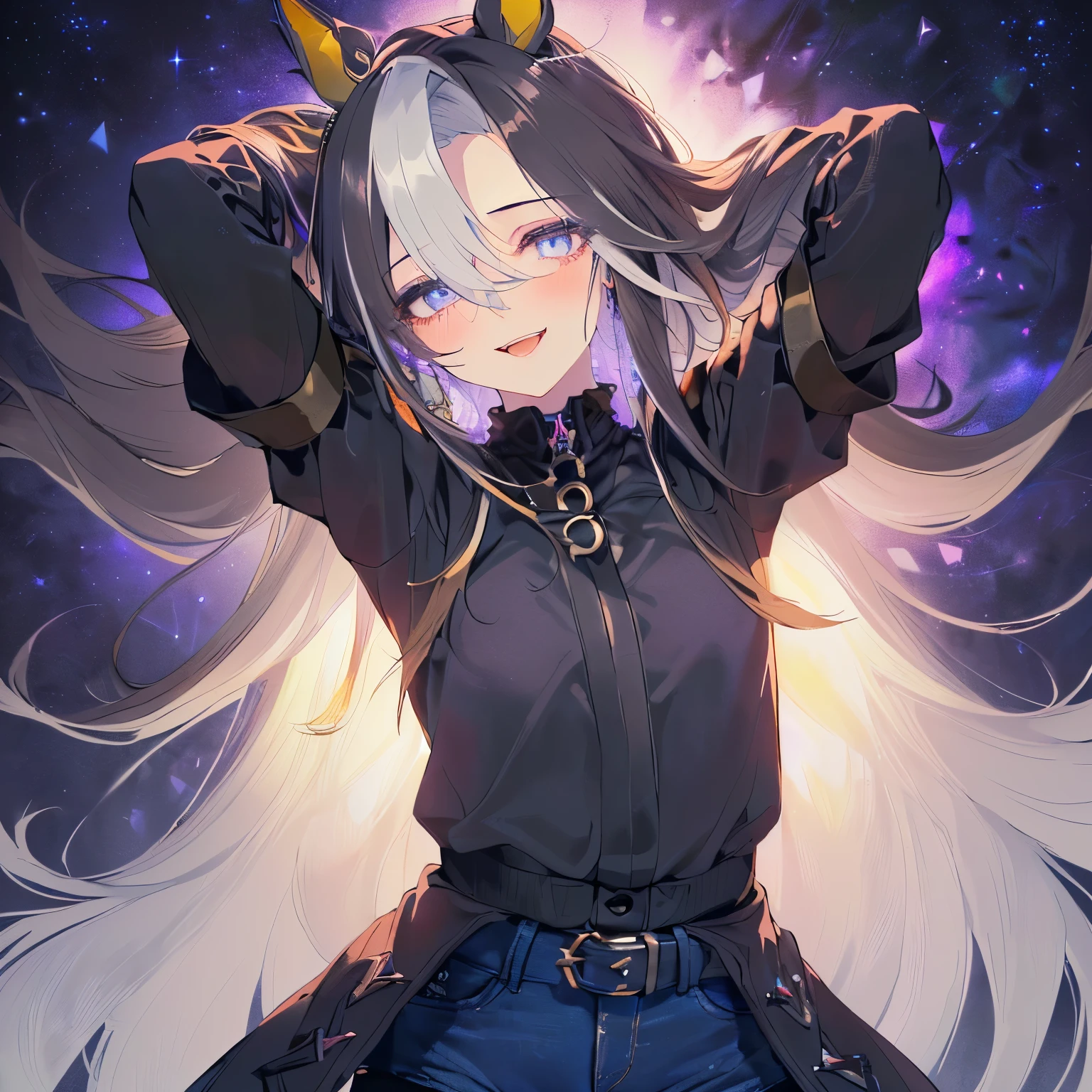 (Solo, petite girl, petite figure, big and muscular body. Masterpiece, highly rated work, textured skin, high details, anatomically correct, high resolution. Dark blue-violet background, crystals, crystalline wall, crystalline ground, strong cross wind. Horse ears, very long hair, eye shadow, blusher, delicate eyes. Black jacket, denim hot pants, black pantyhose. Hands hidden, arms behind head, seductive pose, wide open mouth, strong expression and smile. Upper body only: 1.5)